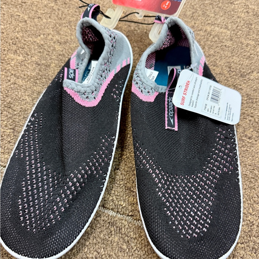 Speedo Black Knit Slip-On Water Shoes with Pink Accents